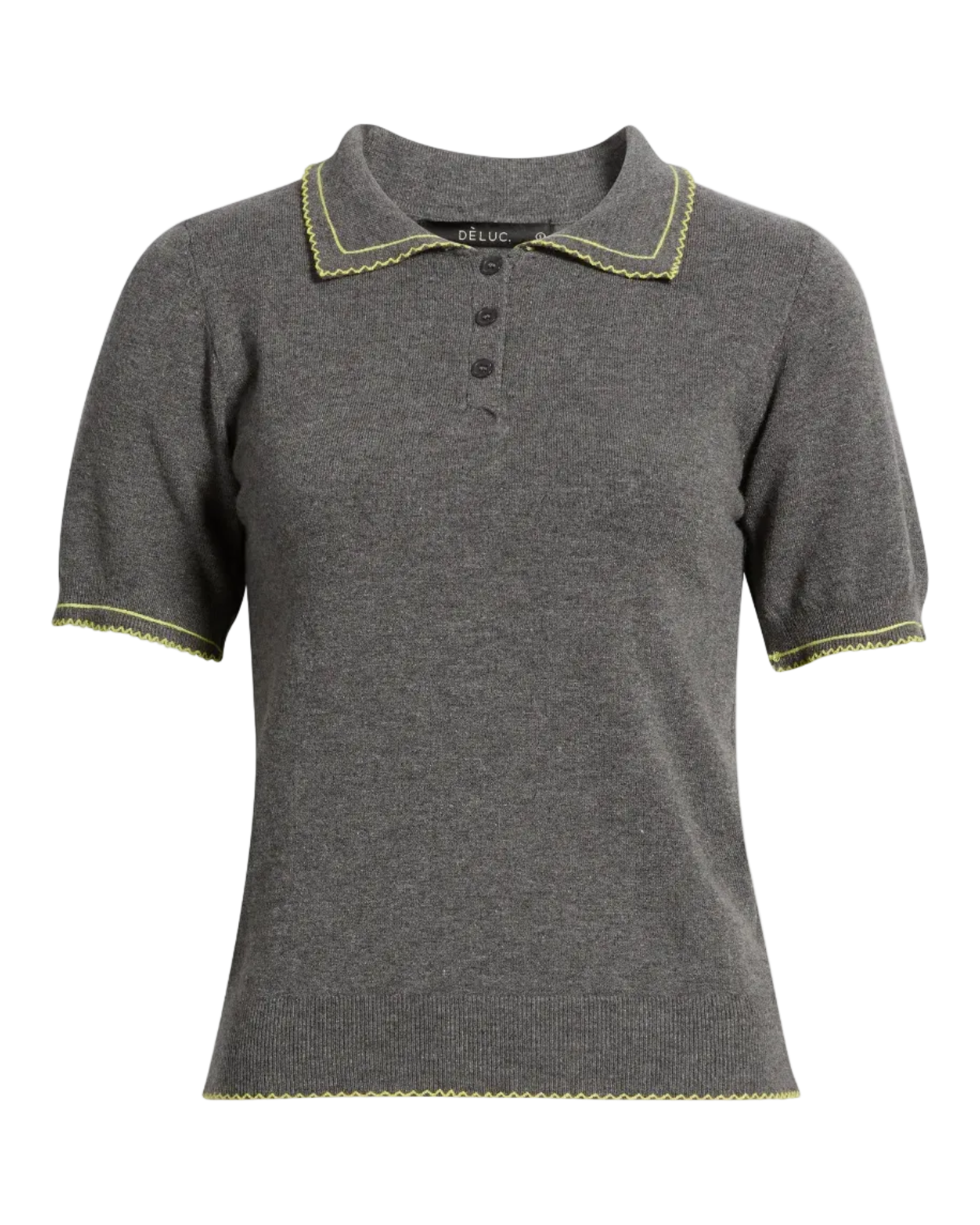 grey short sleeve polo with yellow detail on collar and bottom of sleeve