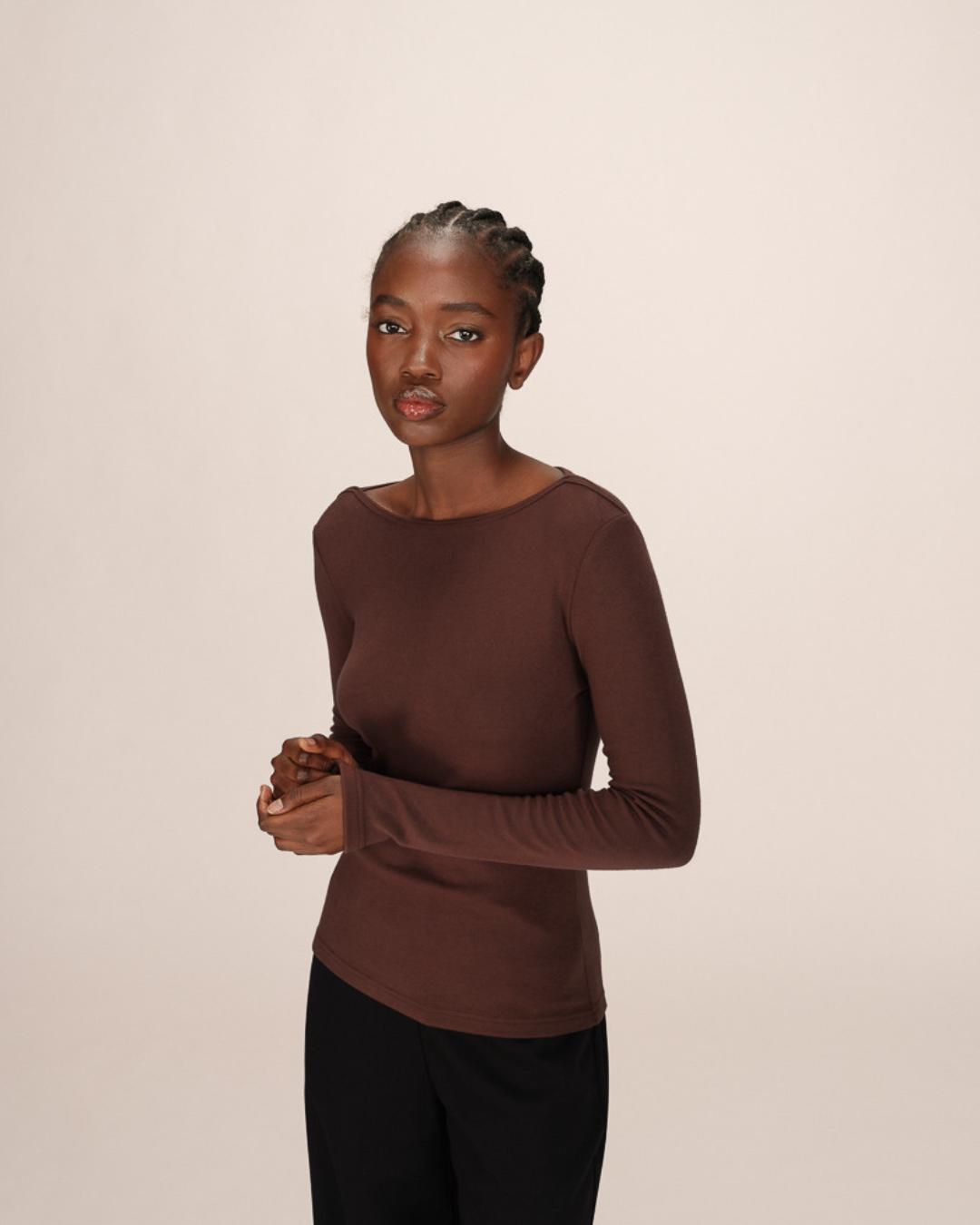 long sleeve top in brown with a boat neck