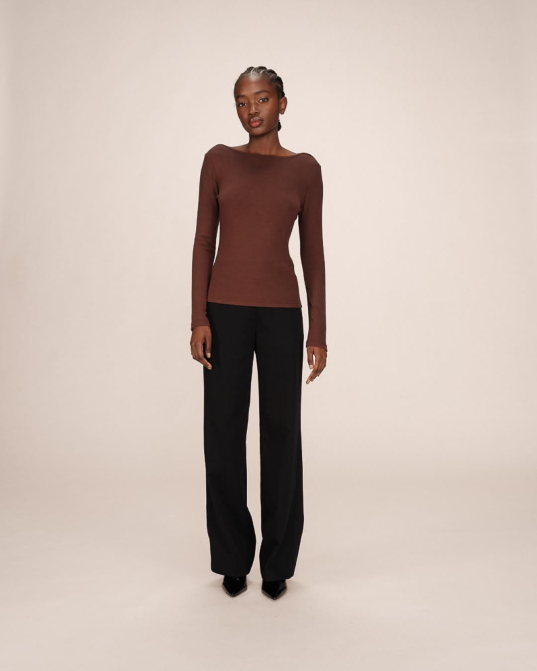 long sleeve top in brown with a boat neck
