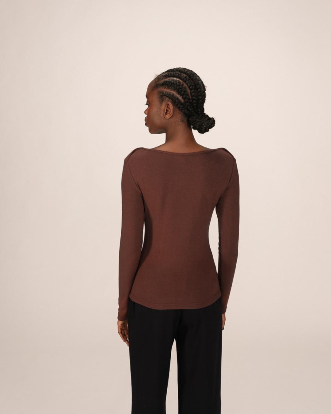 long sleeve top in brown with a boat neck