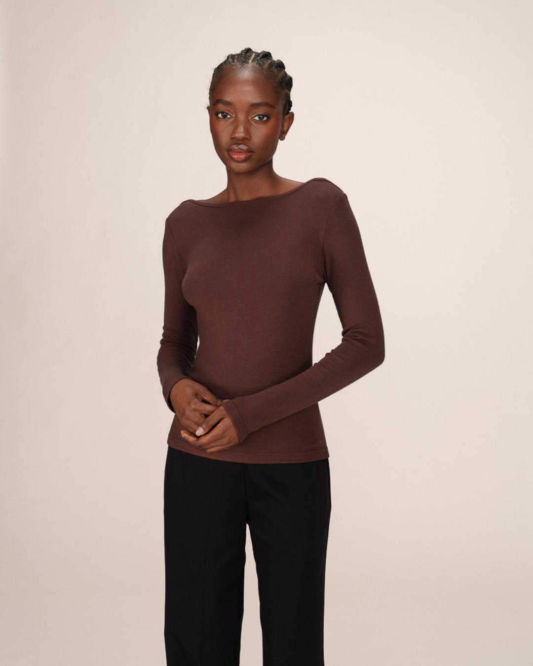 long sleeve top in brown with a boat neck