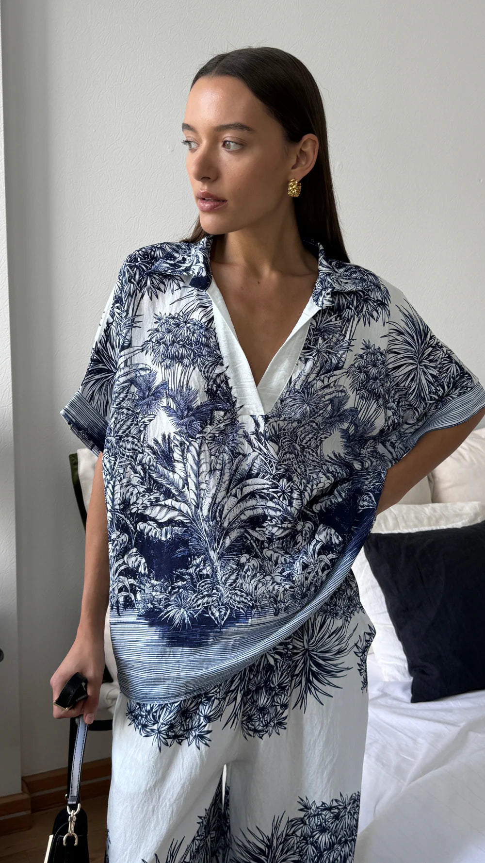blue printed wide leg and top set