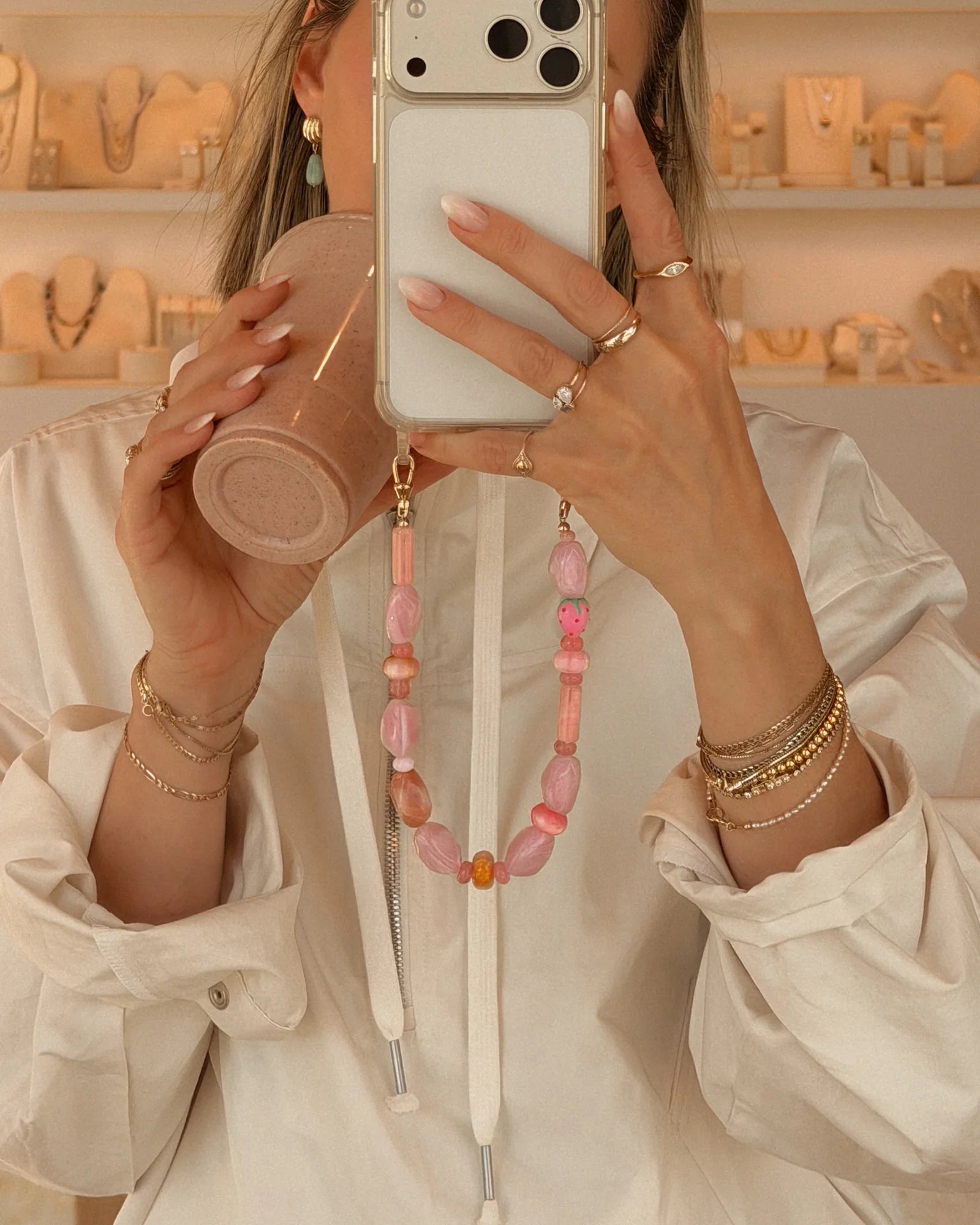 pink beaded wristlet for phone