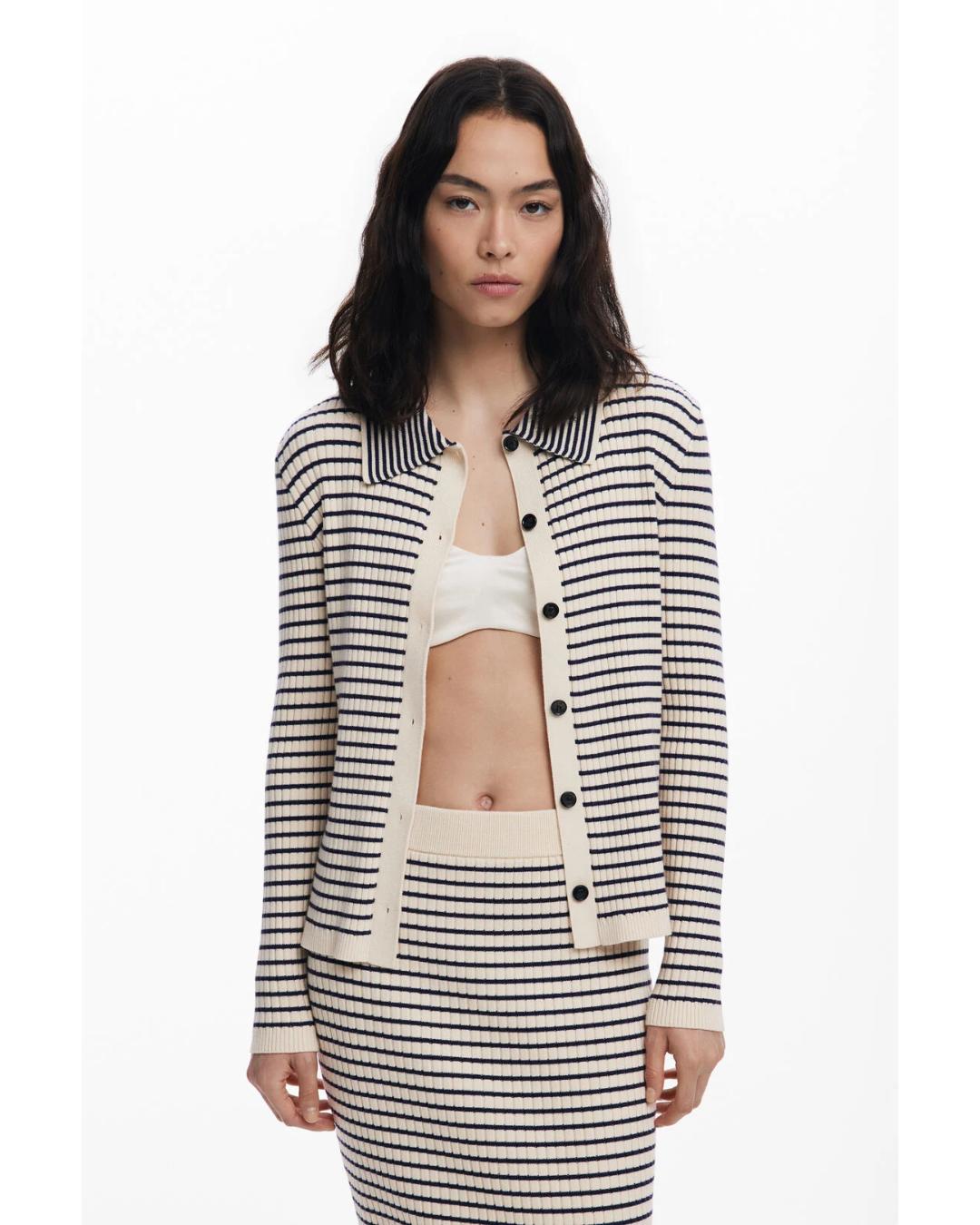 striped sweater with a collar and buttons down the front