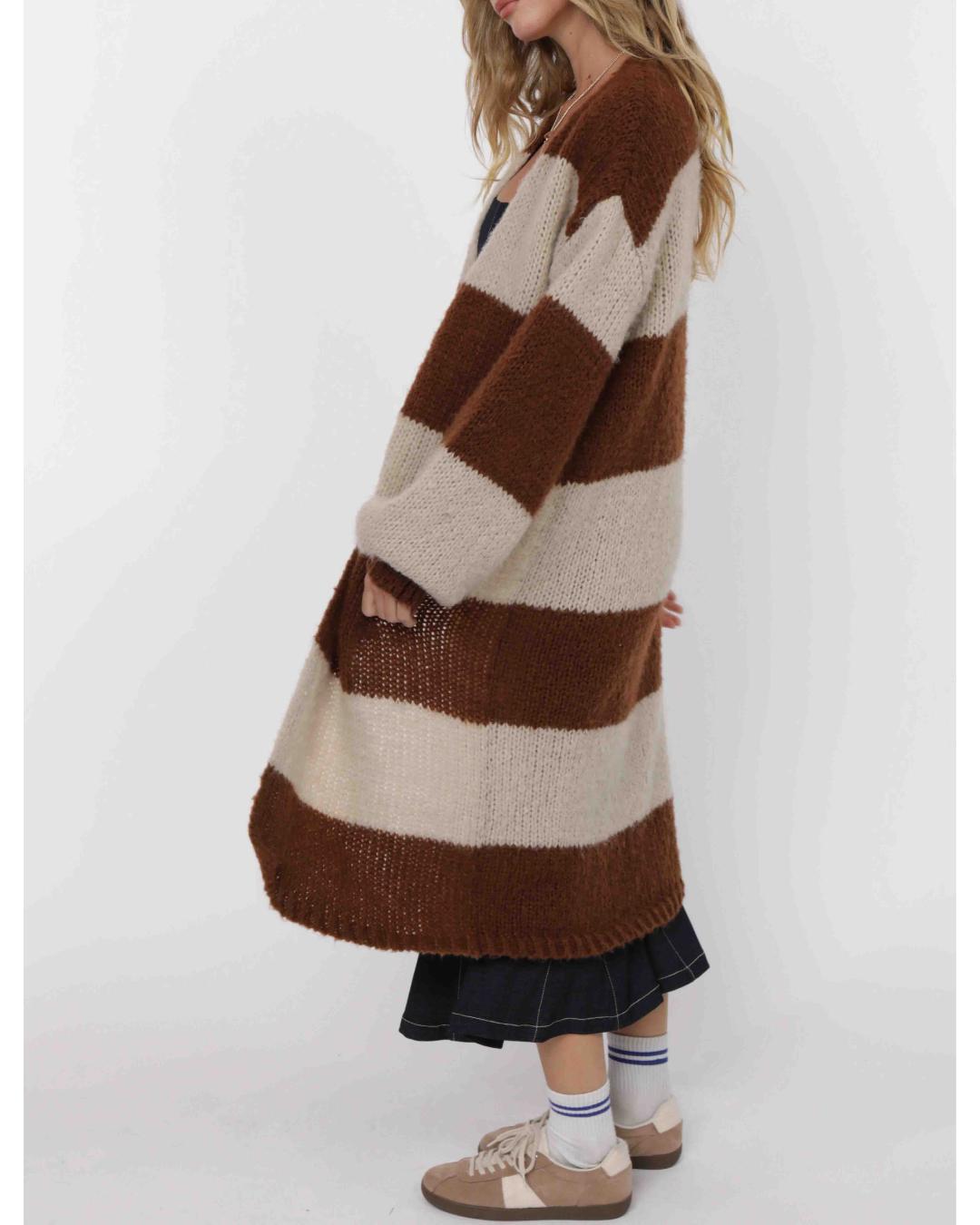 wide stripe long cardigan in brown