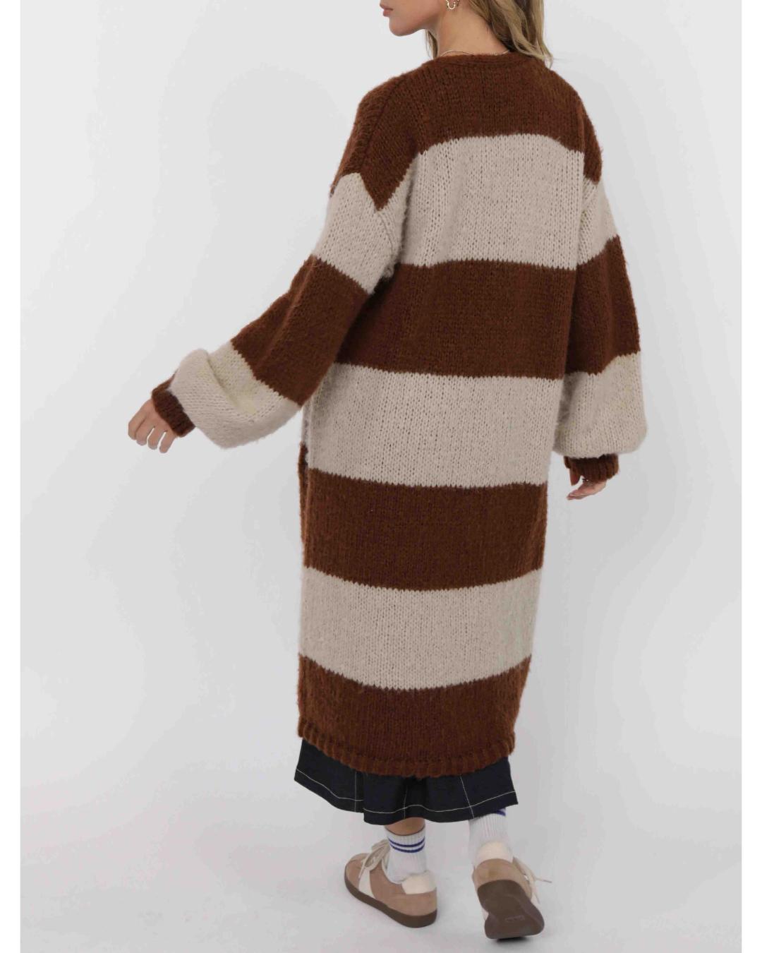 wide stripe long cardigan in brown