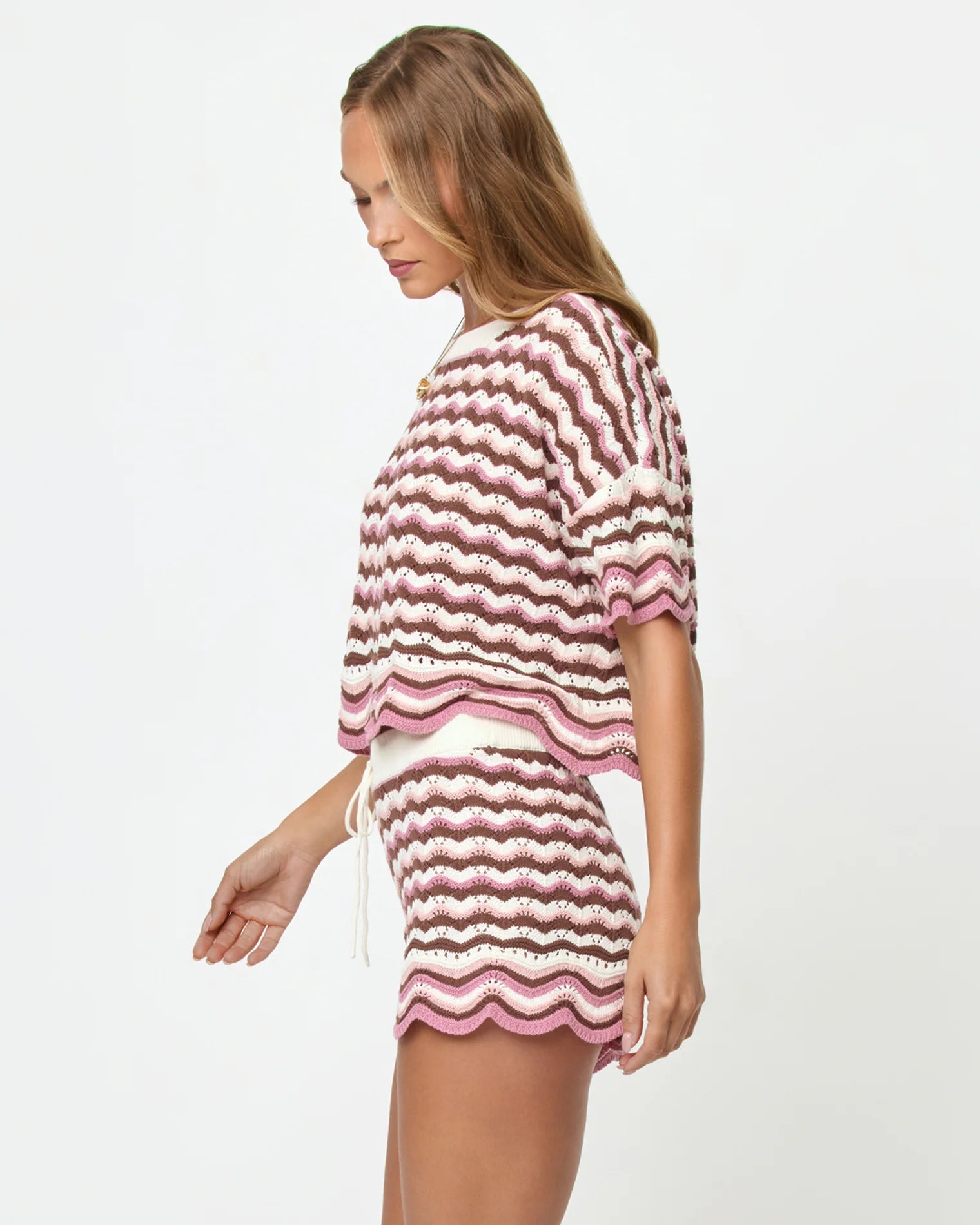 crochet top in pink, cream and brown