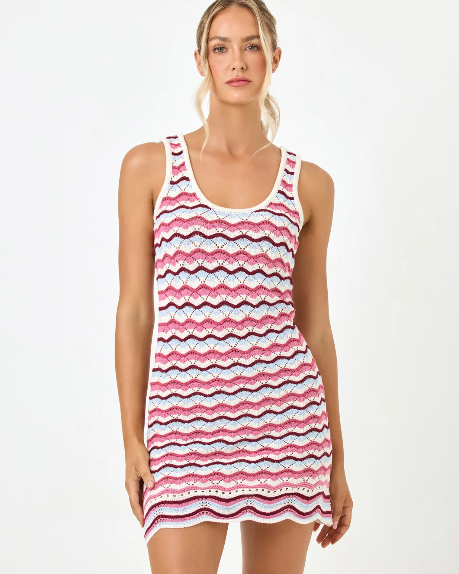 mini crochet dress in white and pink