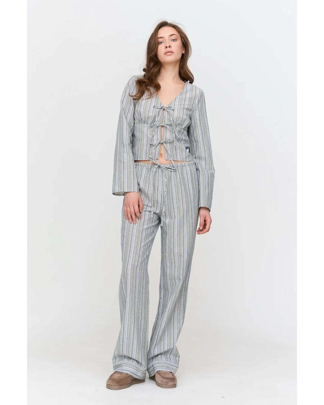 green and blue stripe wide leg pant