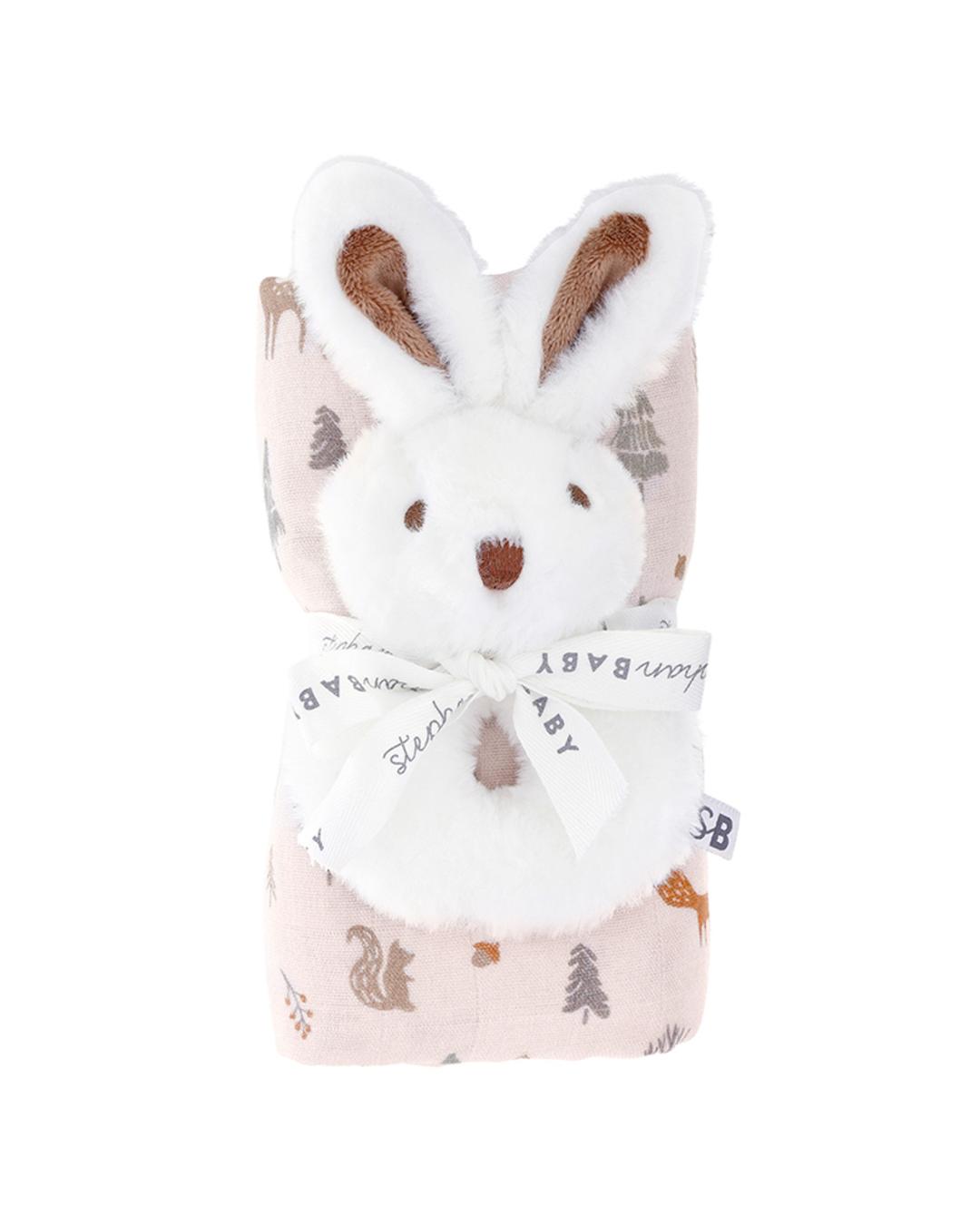 plush bunny rattle with a woodland swaddle blanket