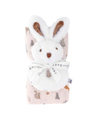 plush bunny rattle with a woodland swaddle blanket