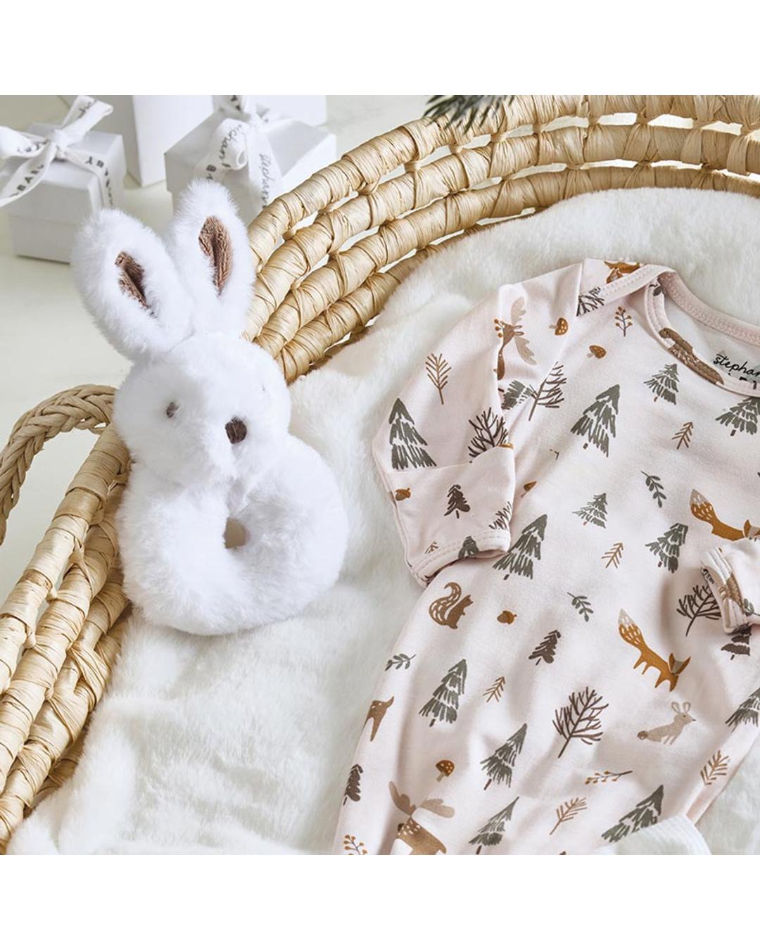 plush bunny rattle with a woodland swaddle blanket