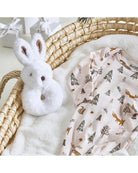 plush bunny rattle with a woodland swaddle blanket