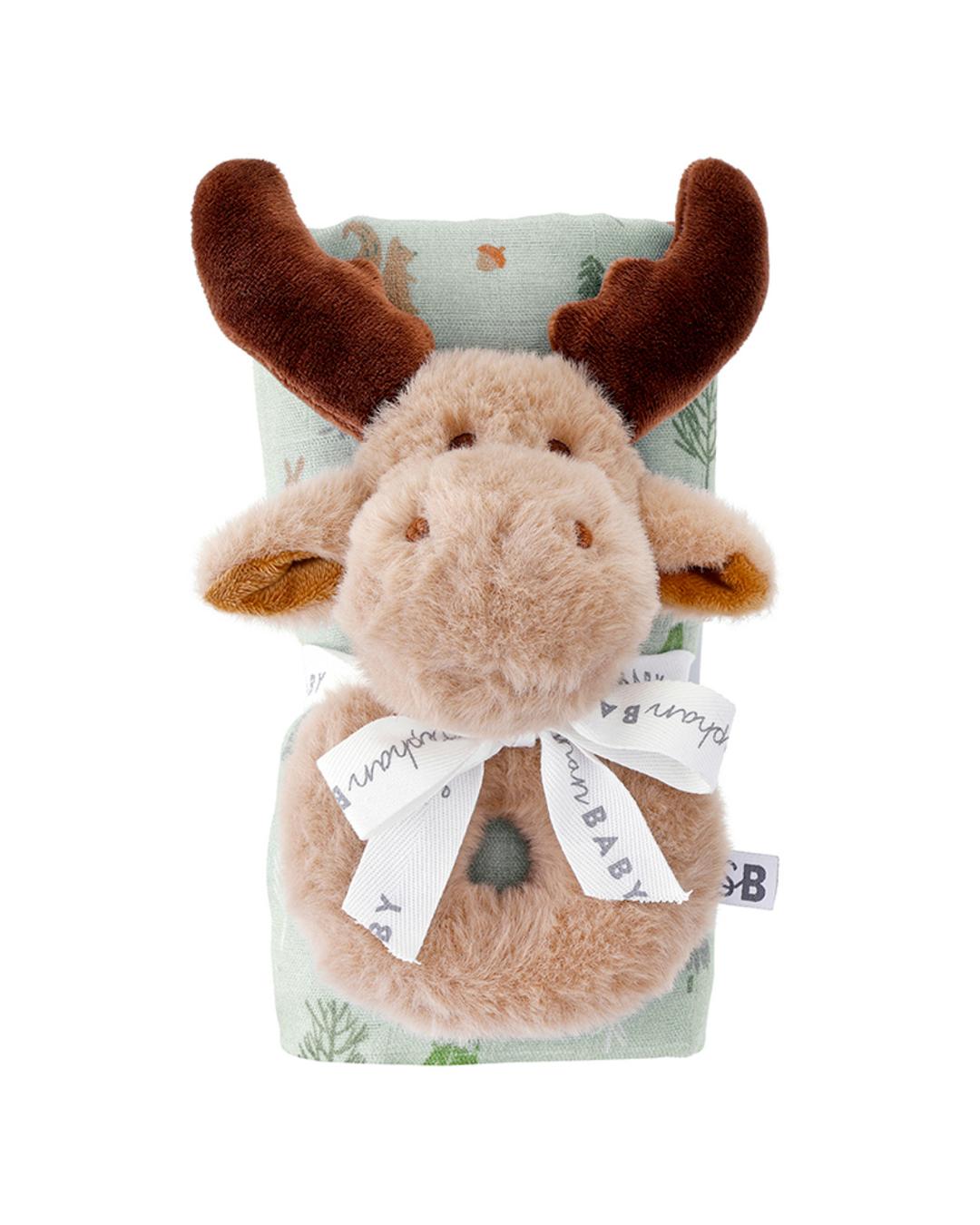 plush moose rattle with a woodland swaddle blanket