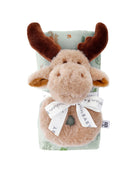 plush moose rattle with a woodland swaddle blanket