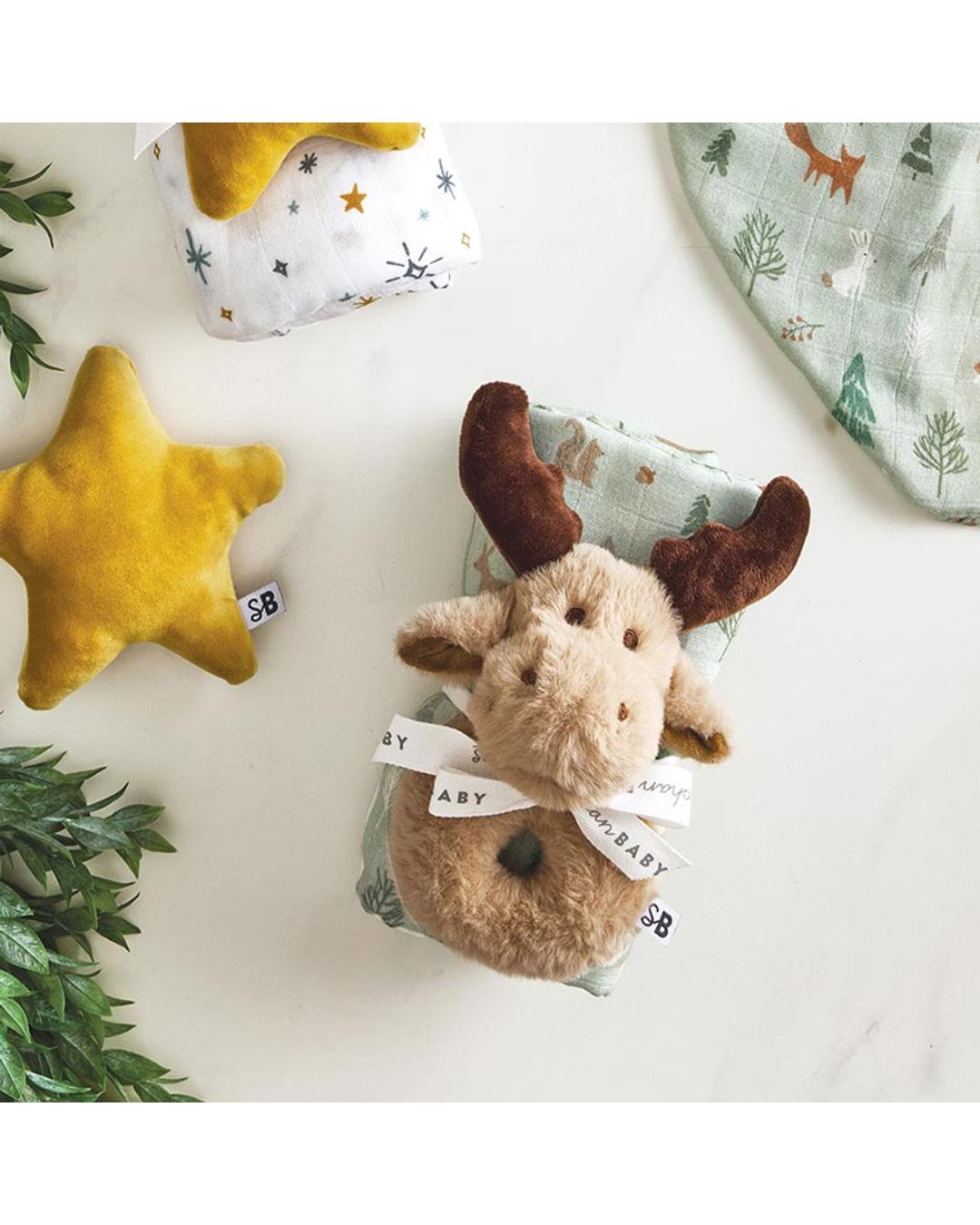 plush moose rattle with a woodland swaddle blanket
