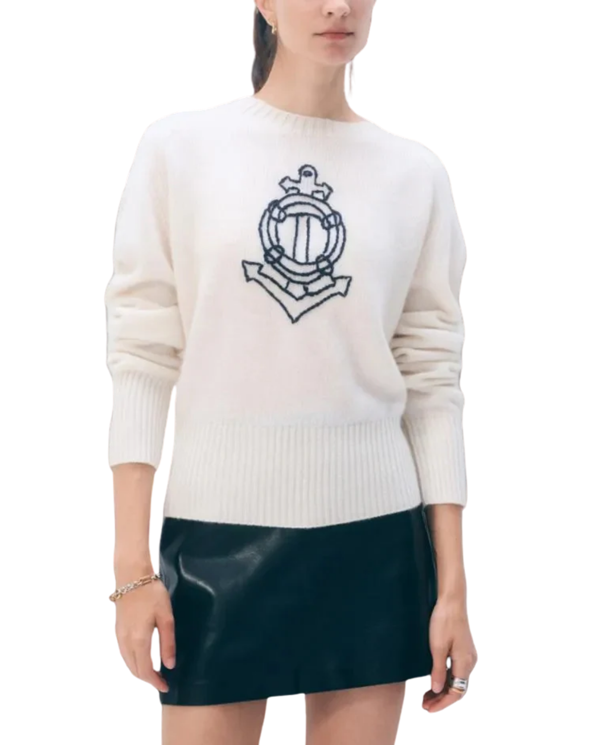 cashmere sweater in cream with a nautical design in navy