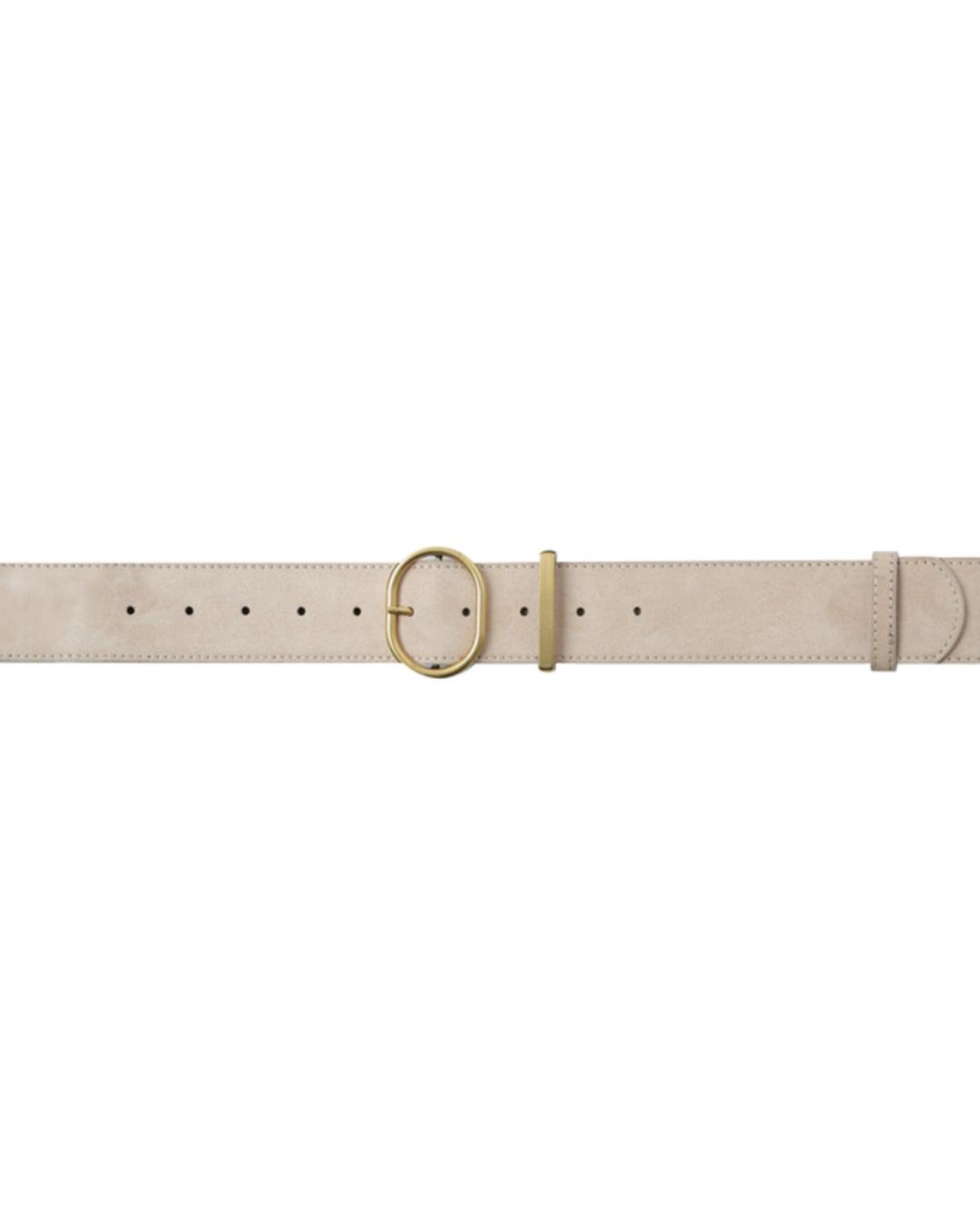 beige belt with gold oval buckle