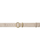 beige belt with gold oval buckle