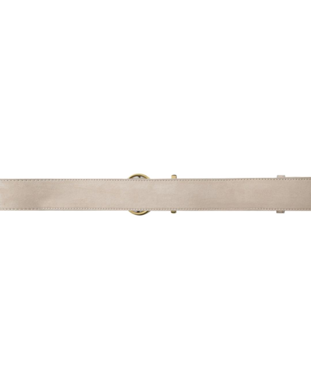 beige belt with gold oval buckle