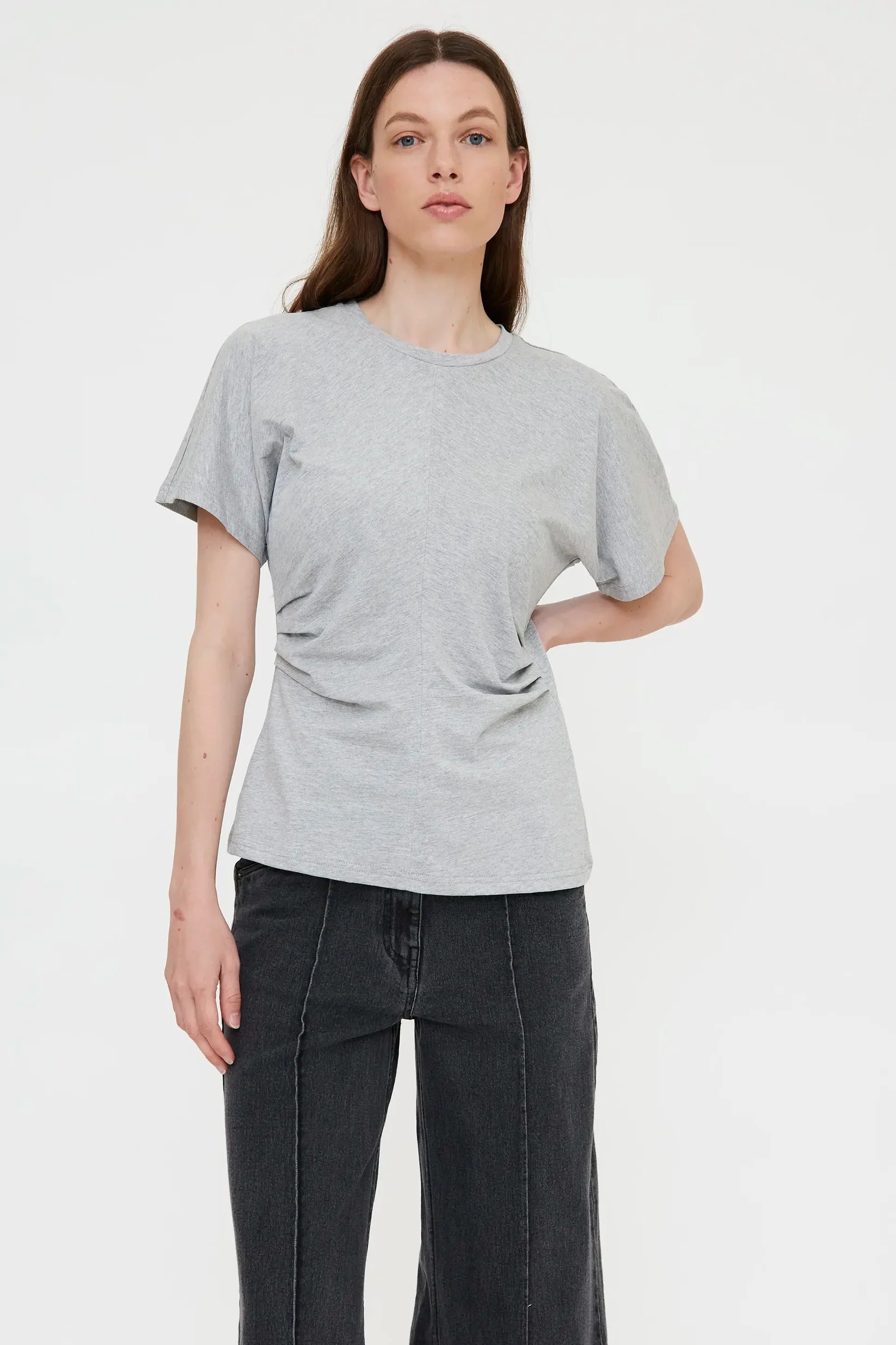 basic grey tee with a cinched waist