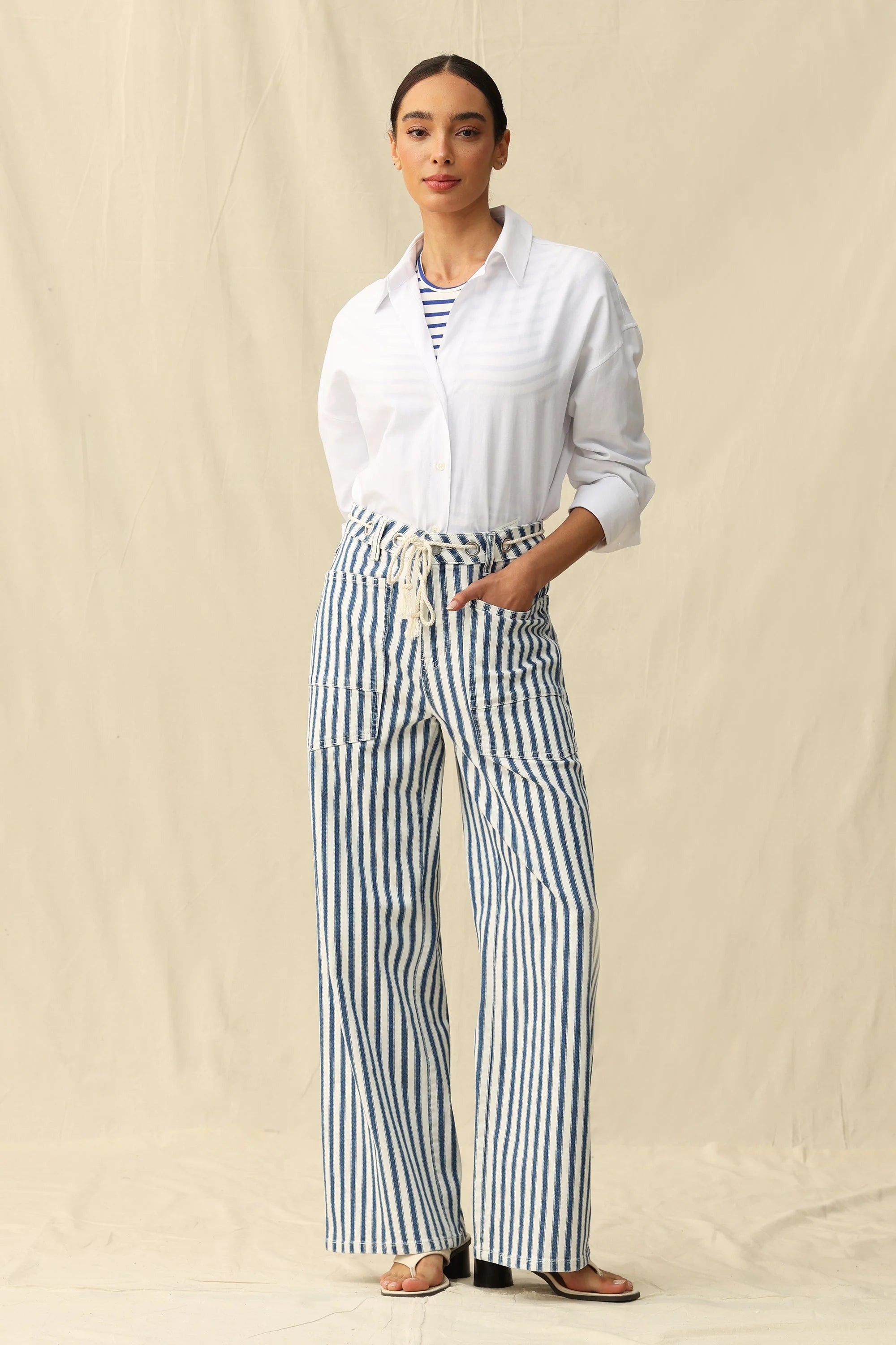 striped wide leg pant with a rope drawstring
