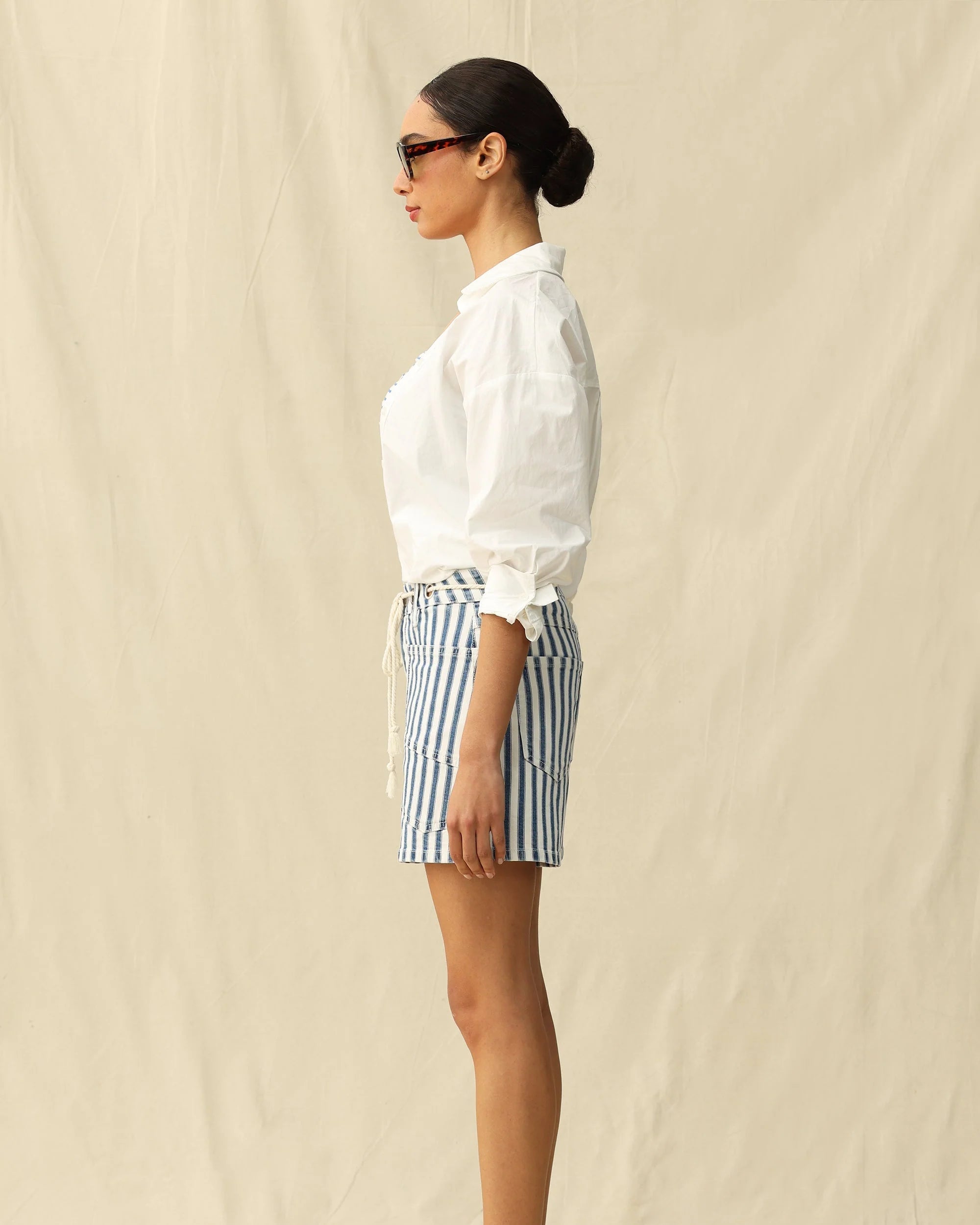 blue and white striped shorts with a rope drawstring