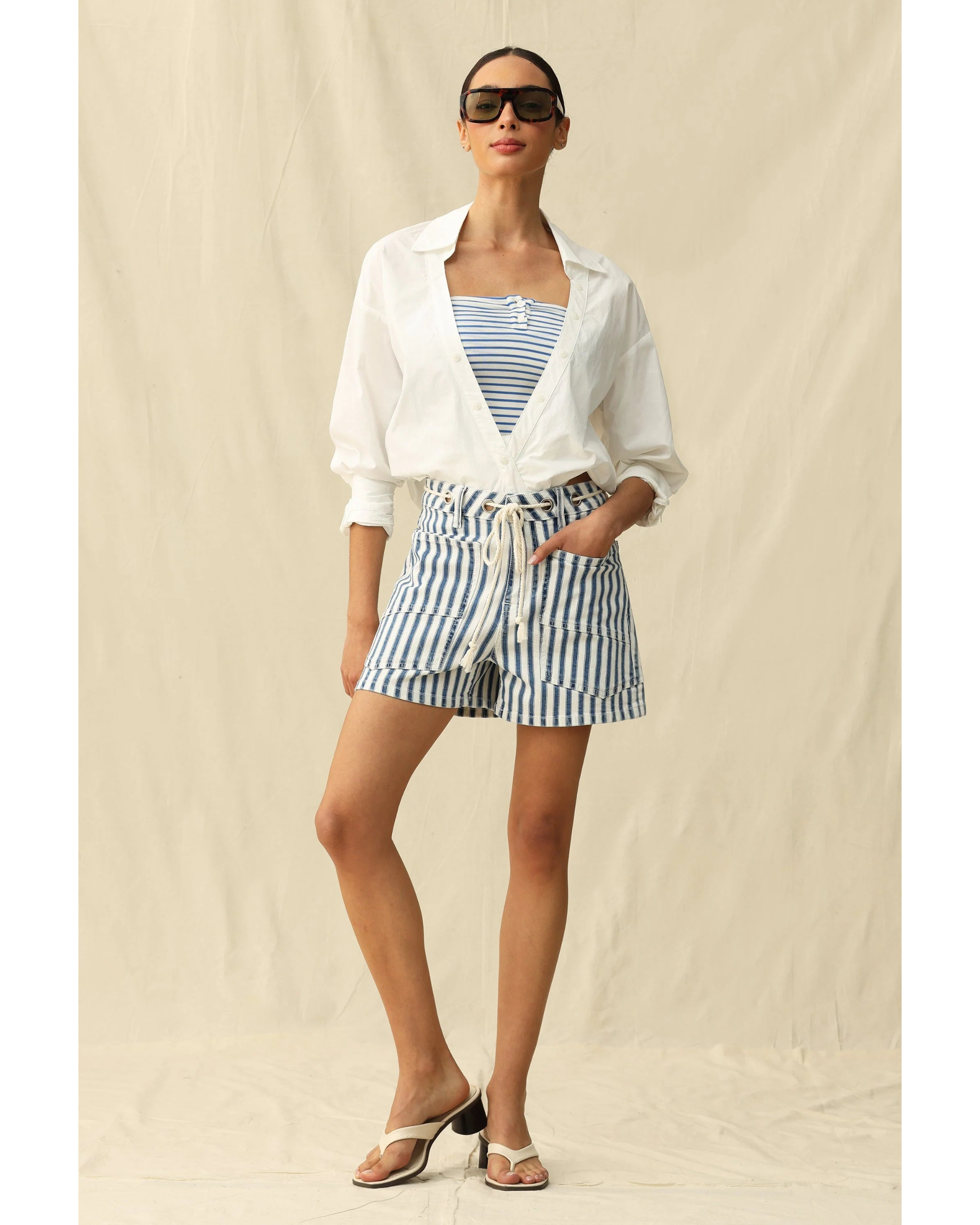 blue and white striped shorts with a rope drawstring