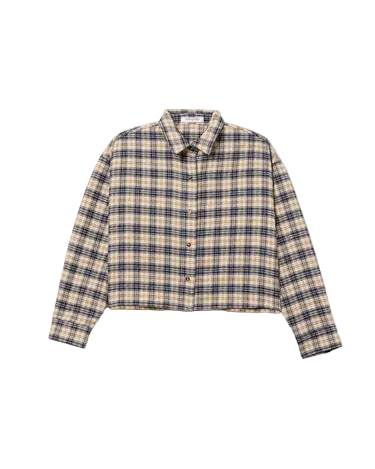 cropped button down plaid shirt in beige and navy
