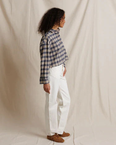 cropped button down plaid shirt in beige and navy