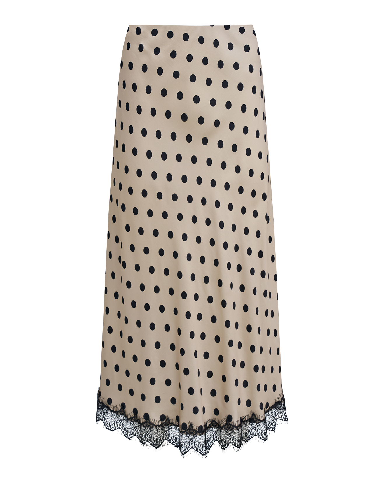 maxi dress in cream with black polka dots and black lace on bottom