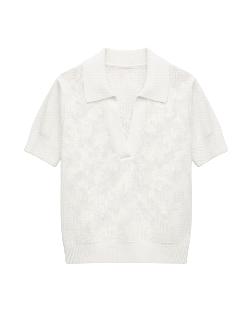 v-neck collar short sleeve white knit top