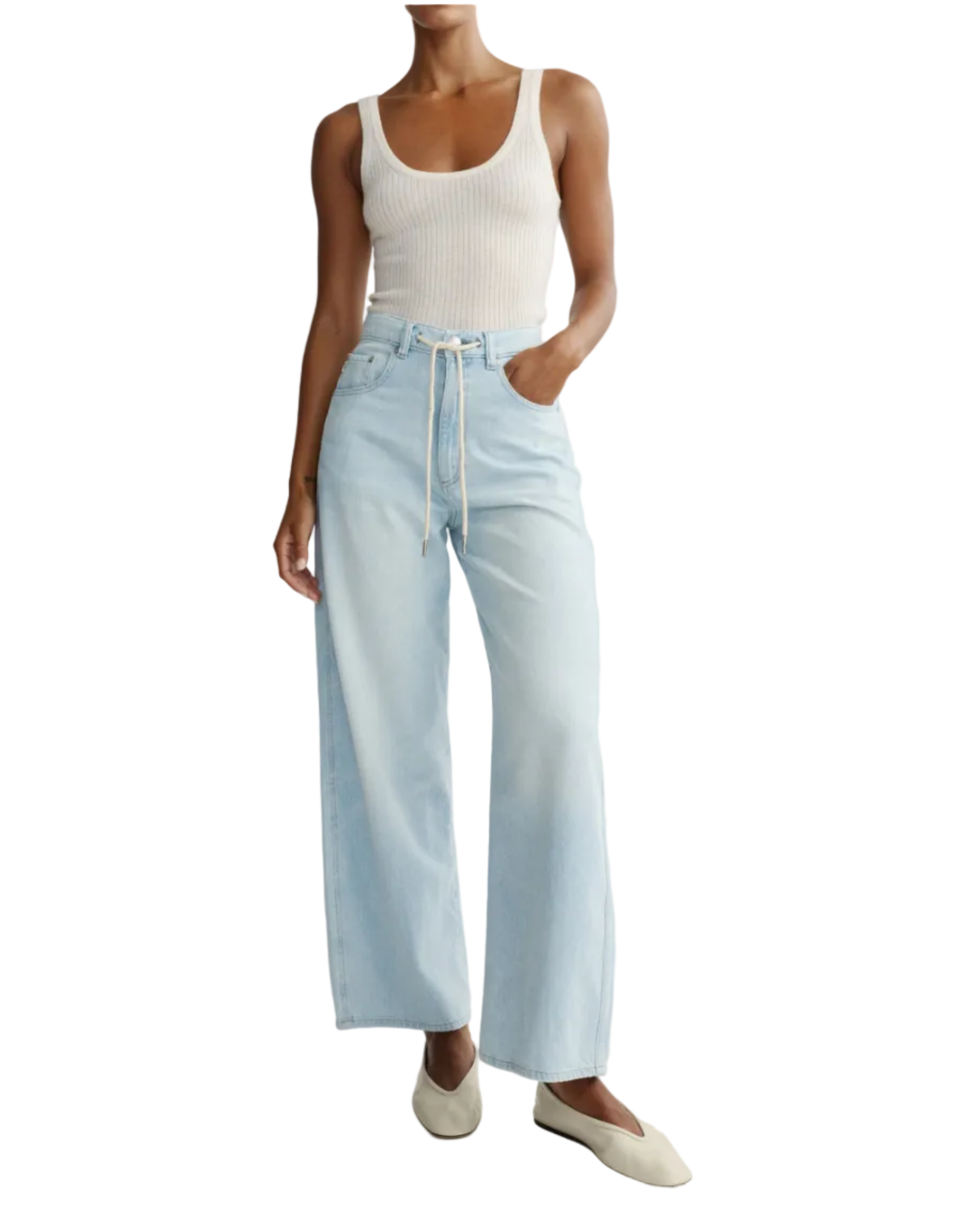 light wash barrel jean with a drawstring