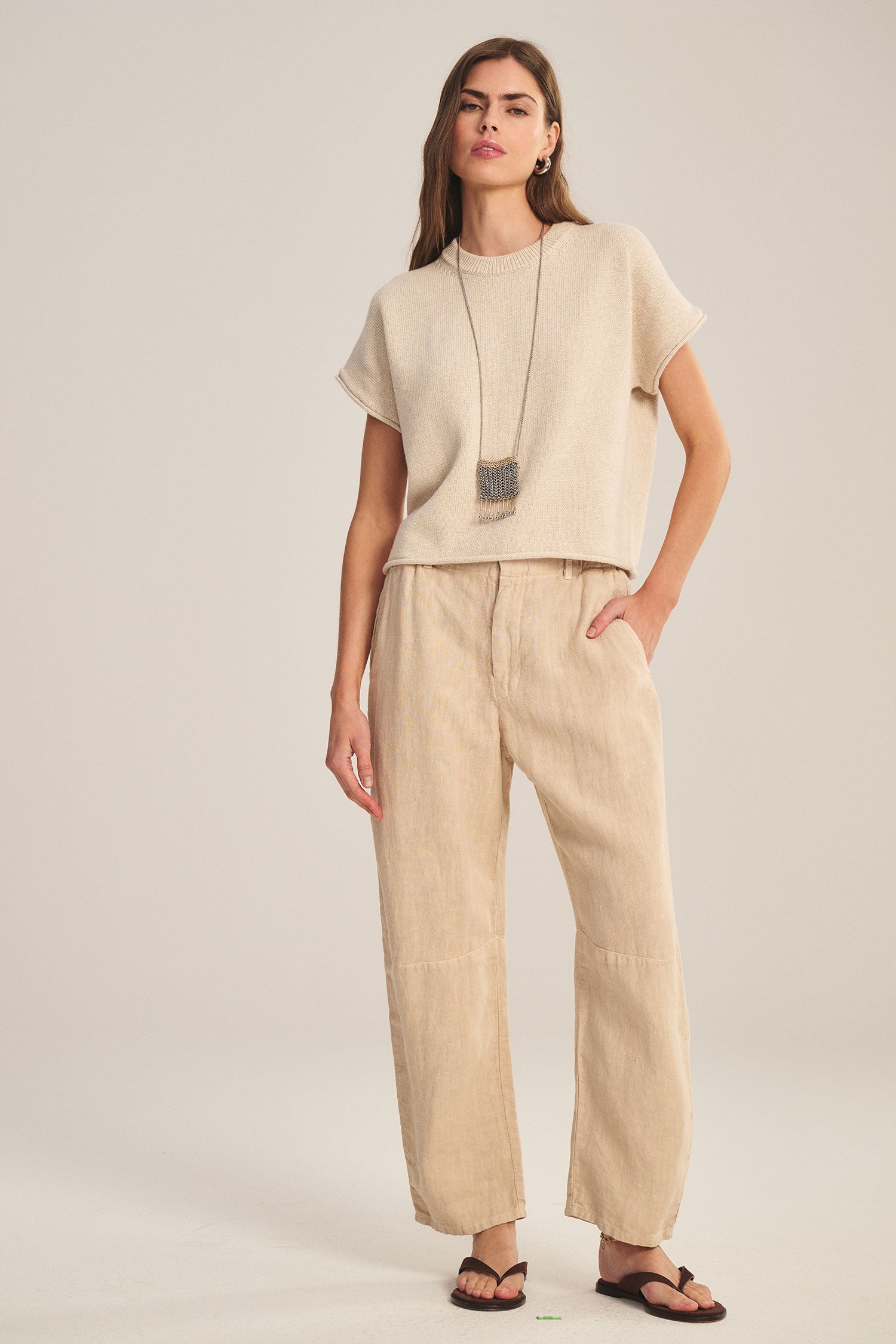 linen tailored pant in tan