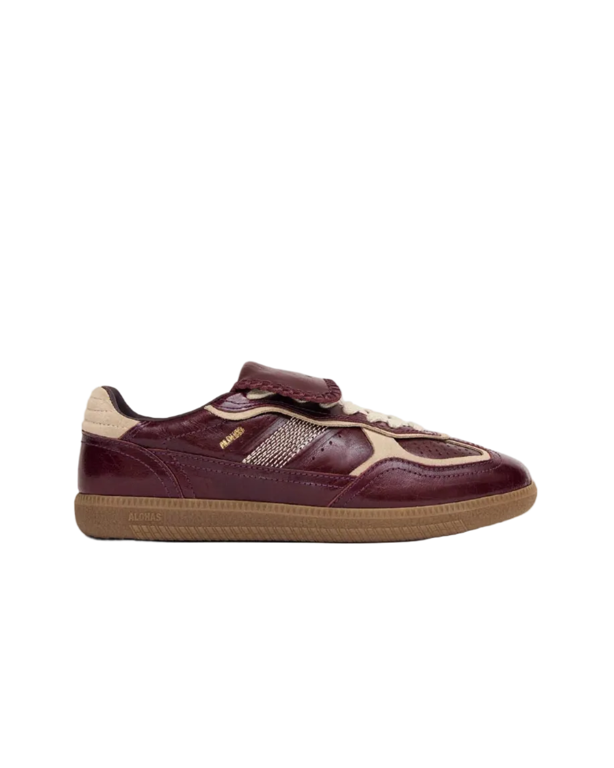 burgundy leather fashion sneaker with a fold over tongue