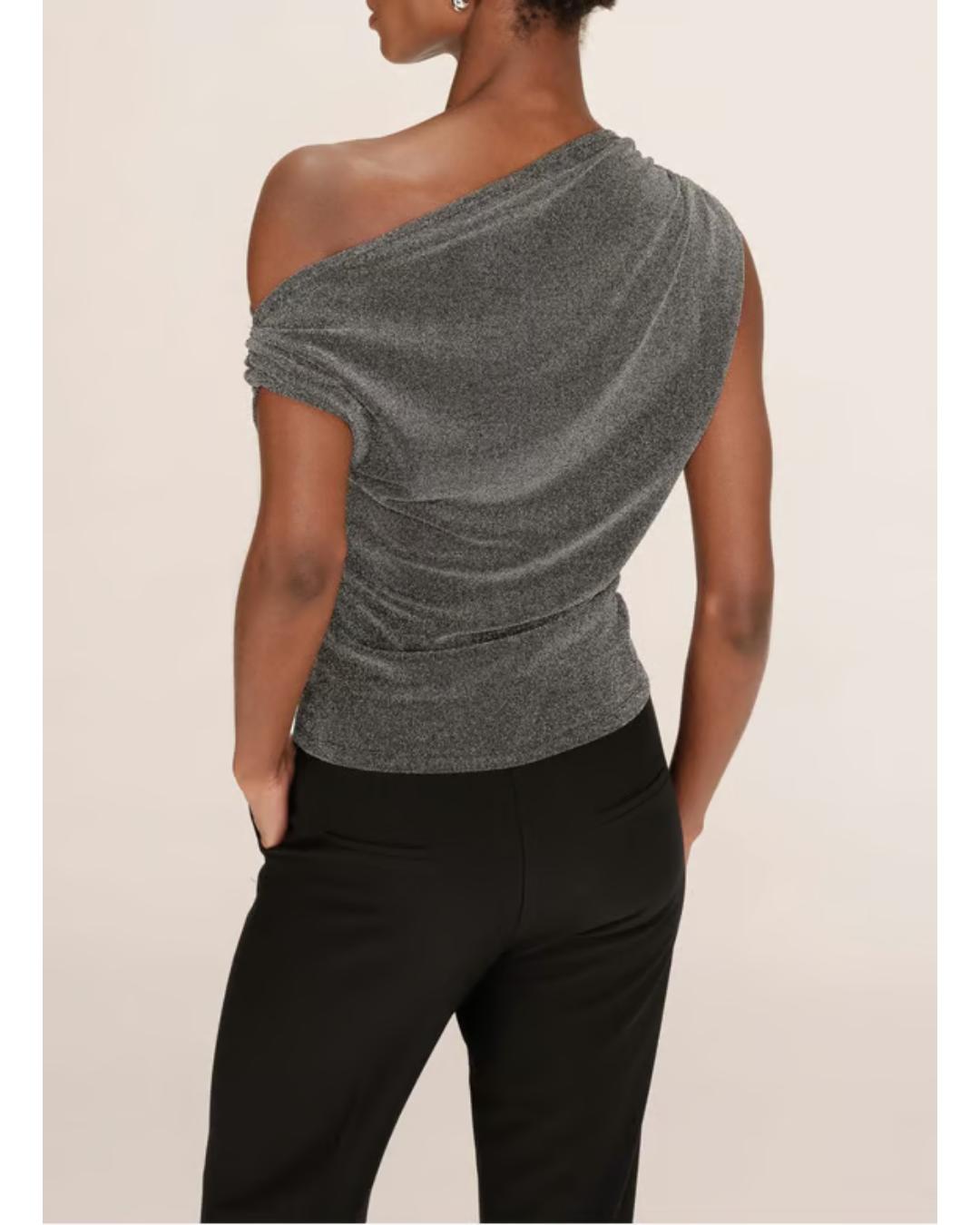 asymmetrical top in a shiny grey