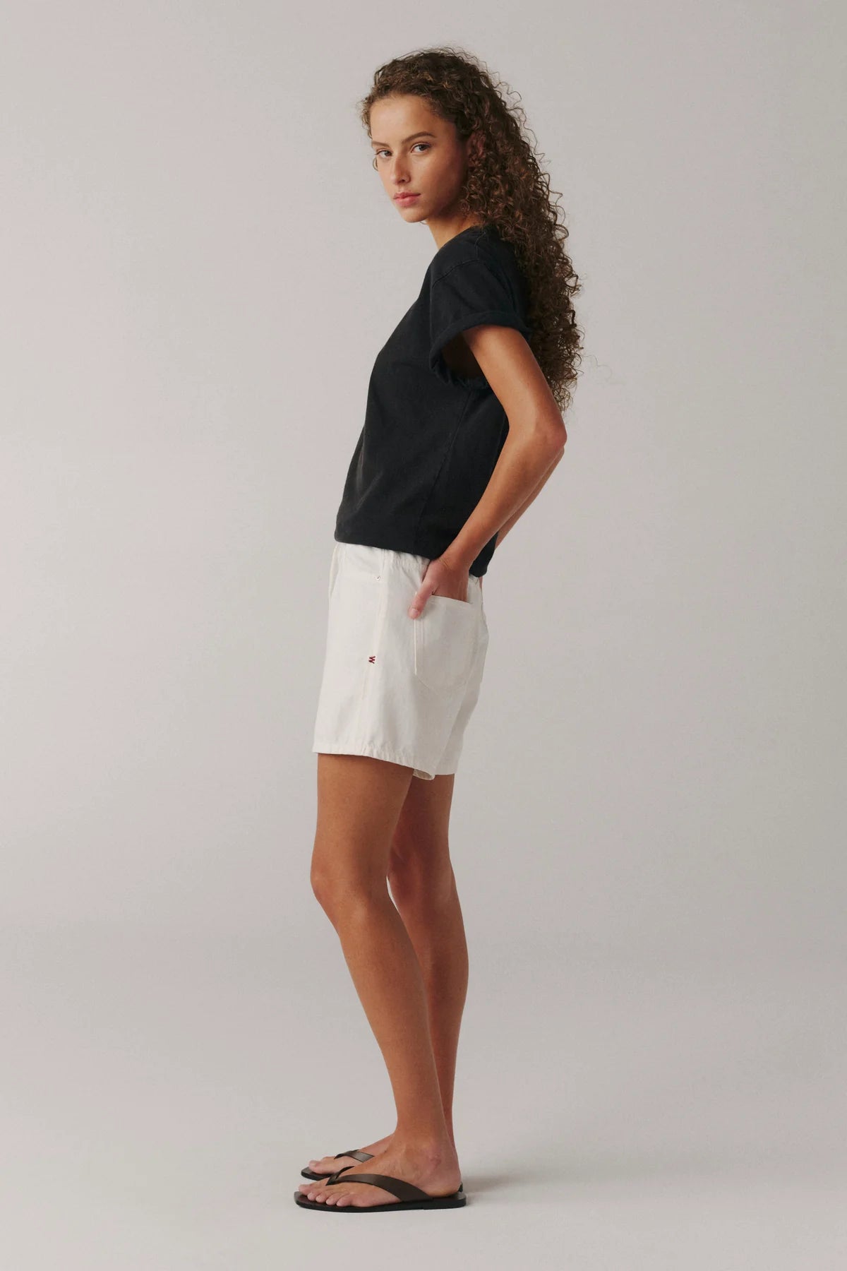 white jean short with a drawstring waist