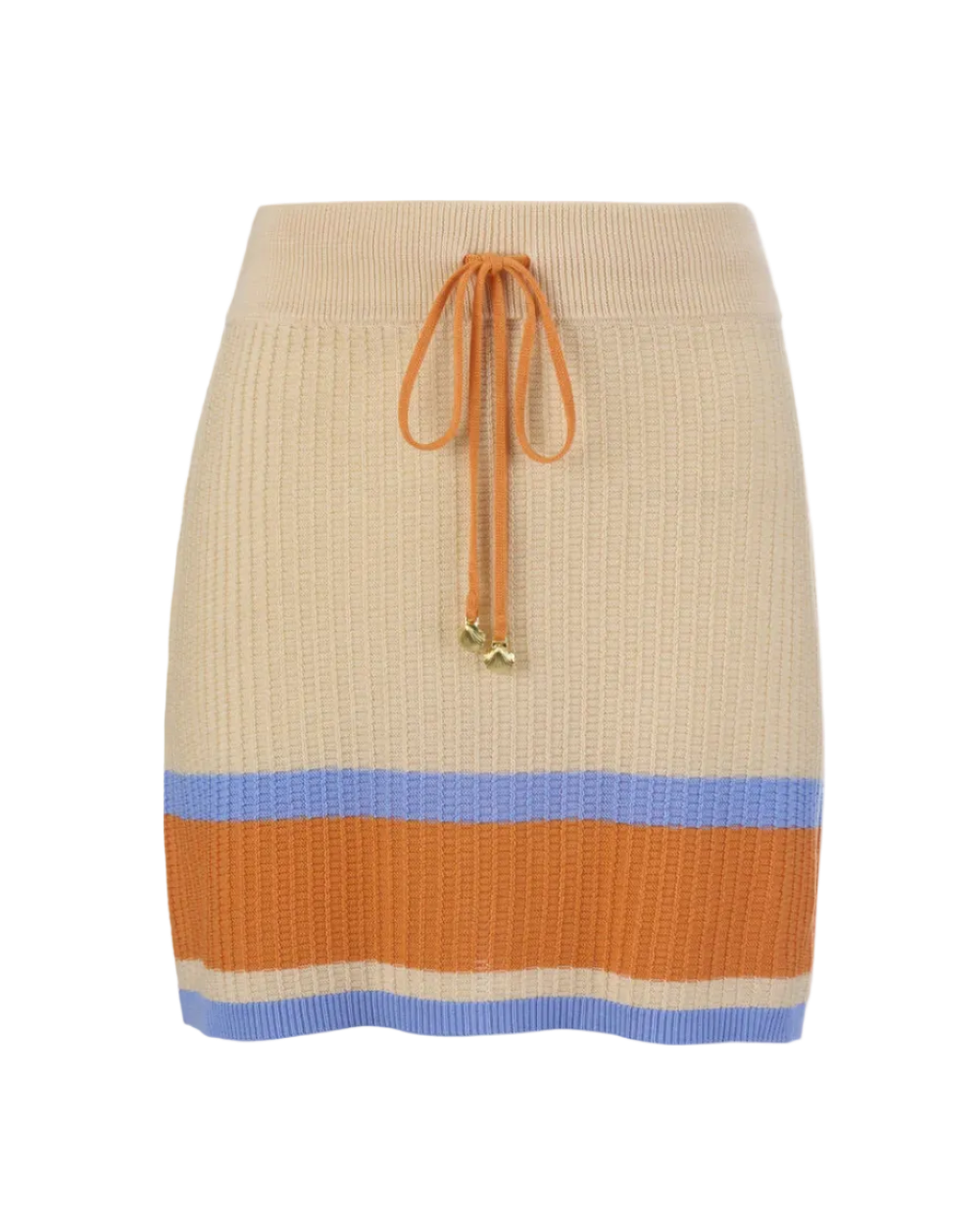 mini knit skirt in cream with blue and orange stripes at the bottom