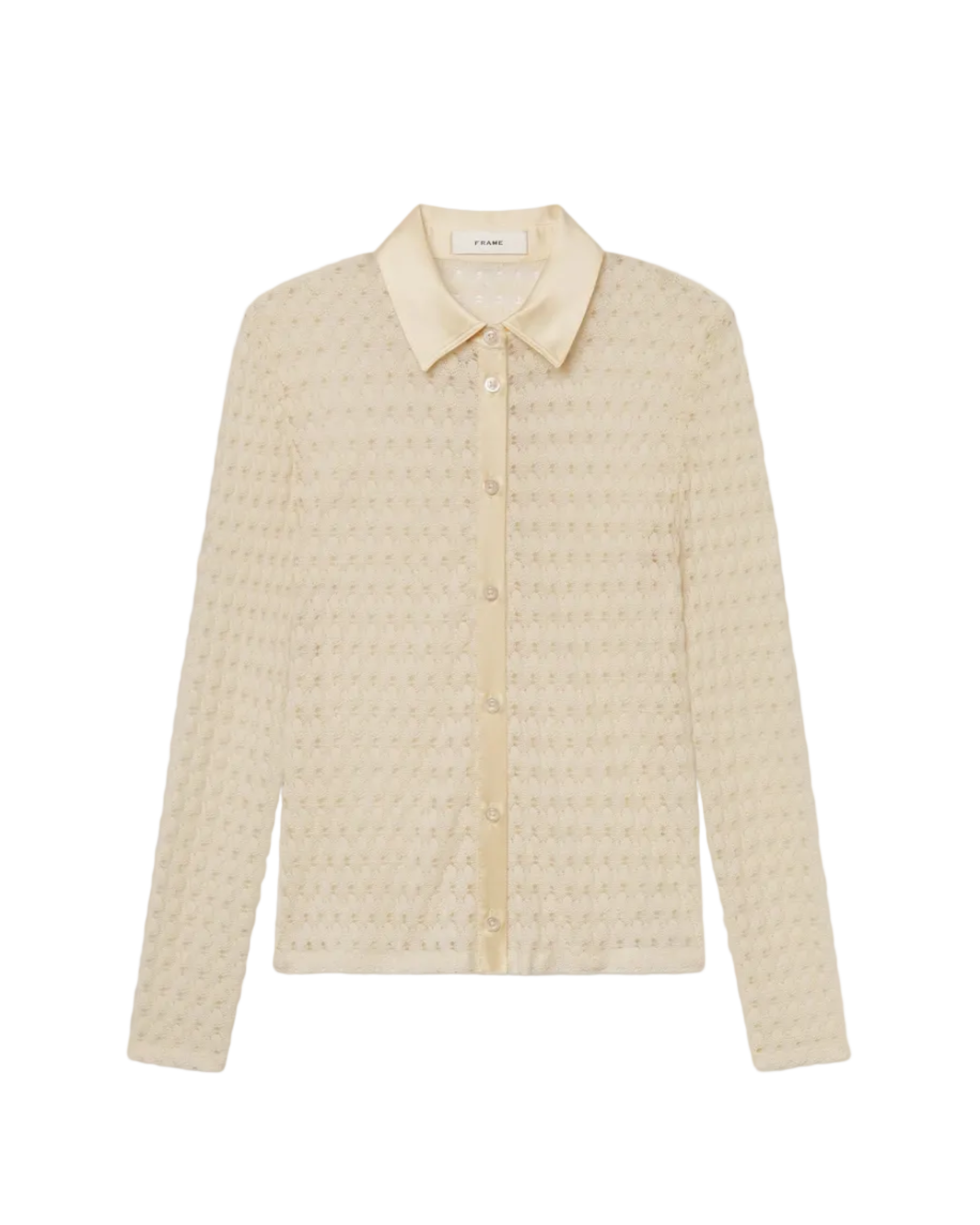 cream button up knit shirt with satin collar