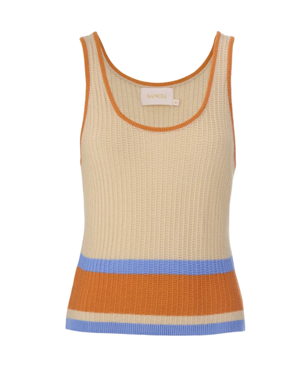cream knit tank top with orange and blue stripes on the bottom