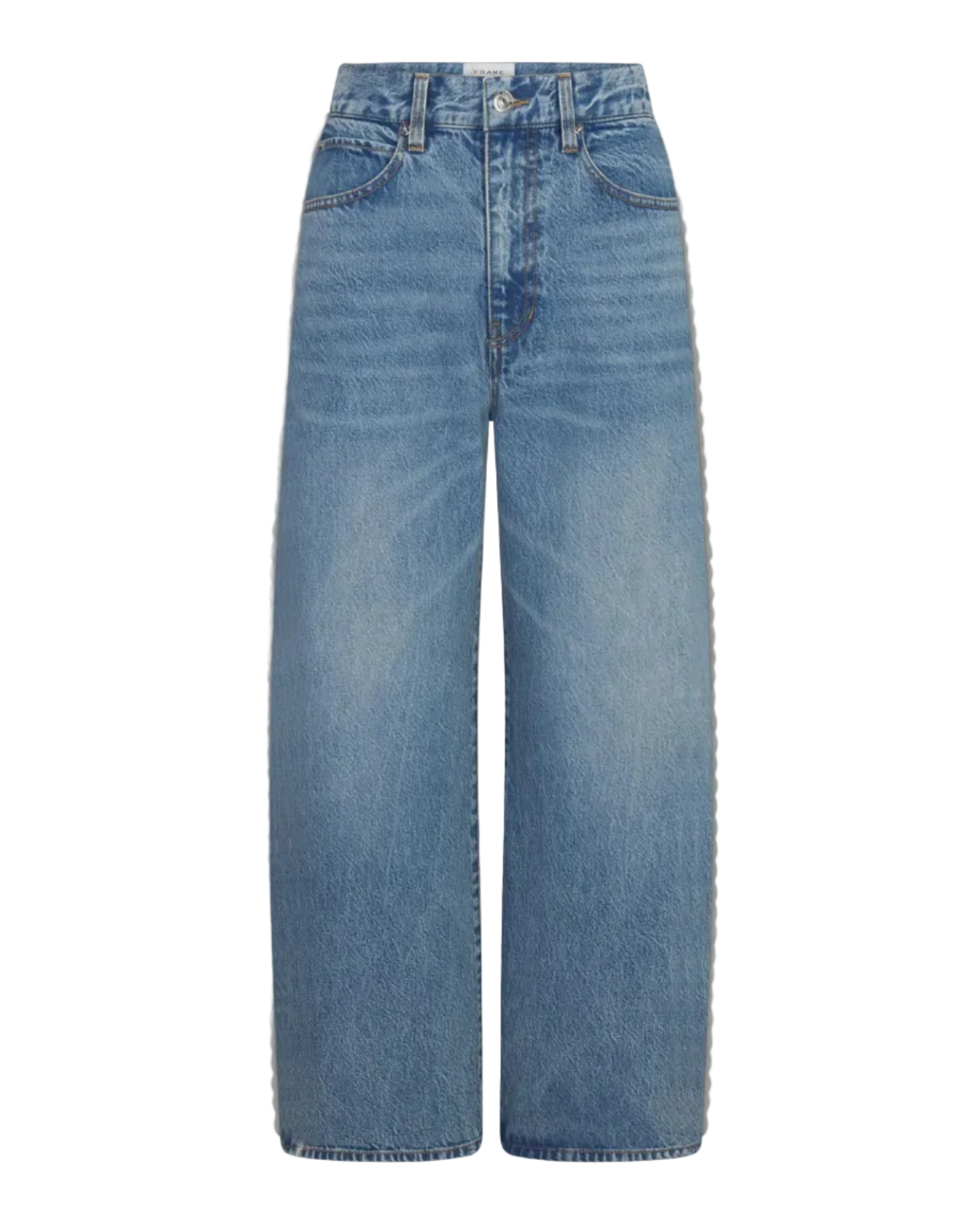 cropped light wash denim pant with a cream crochet detail on the sides