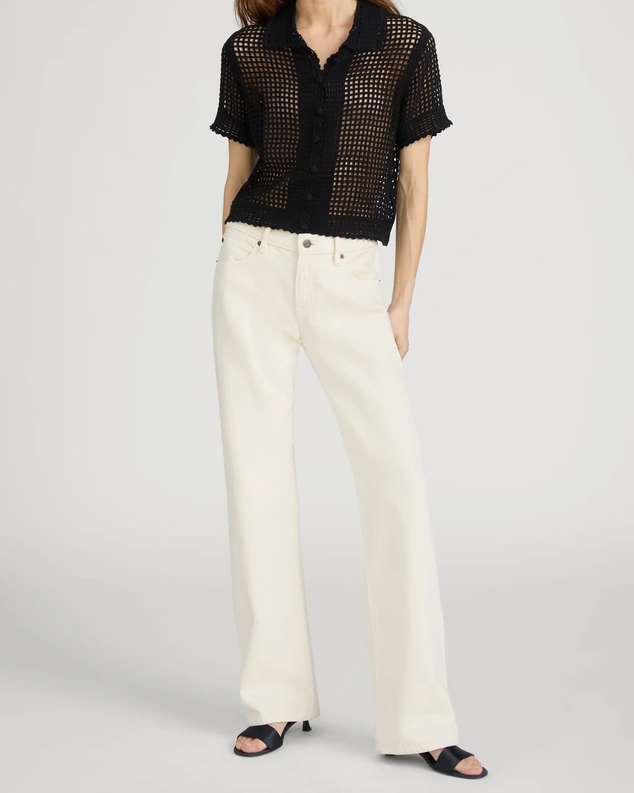 black crochet button up short sleeve with collar
