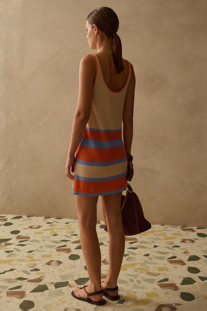 mini knit dress in cream with orange and blue stripes