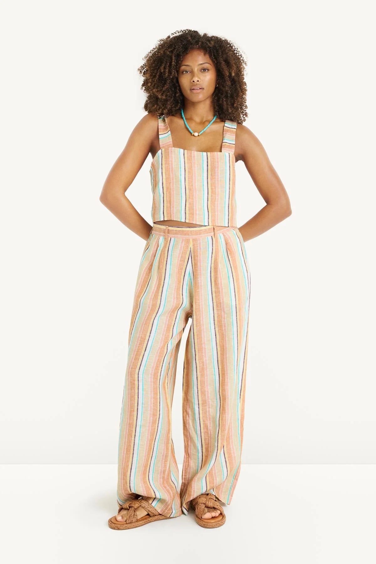 wide leg striped pant in beige, blue and white
