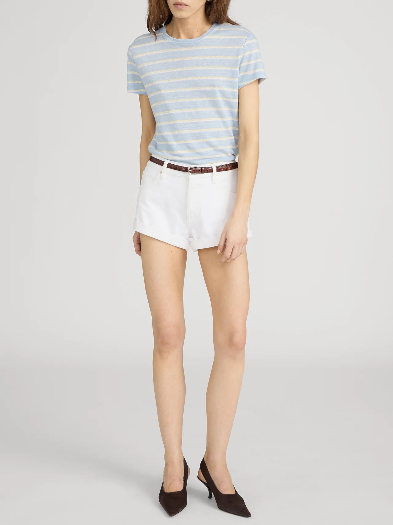 blue, cream and yellow stripe t-shirt
