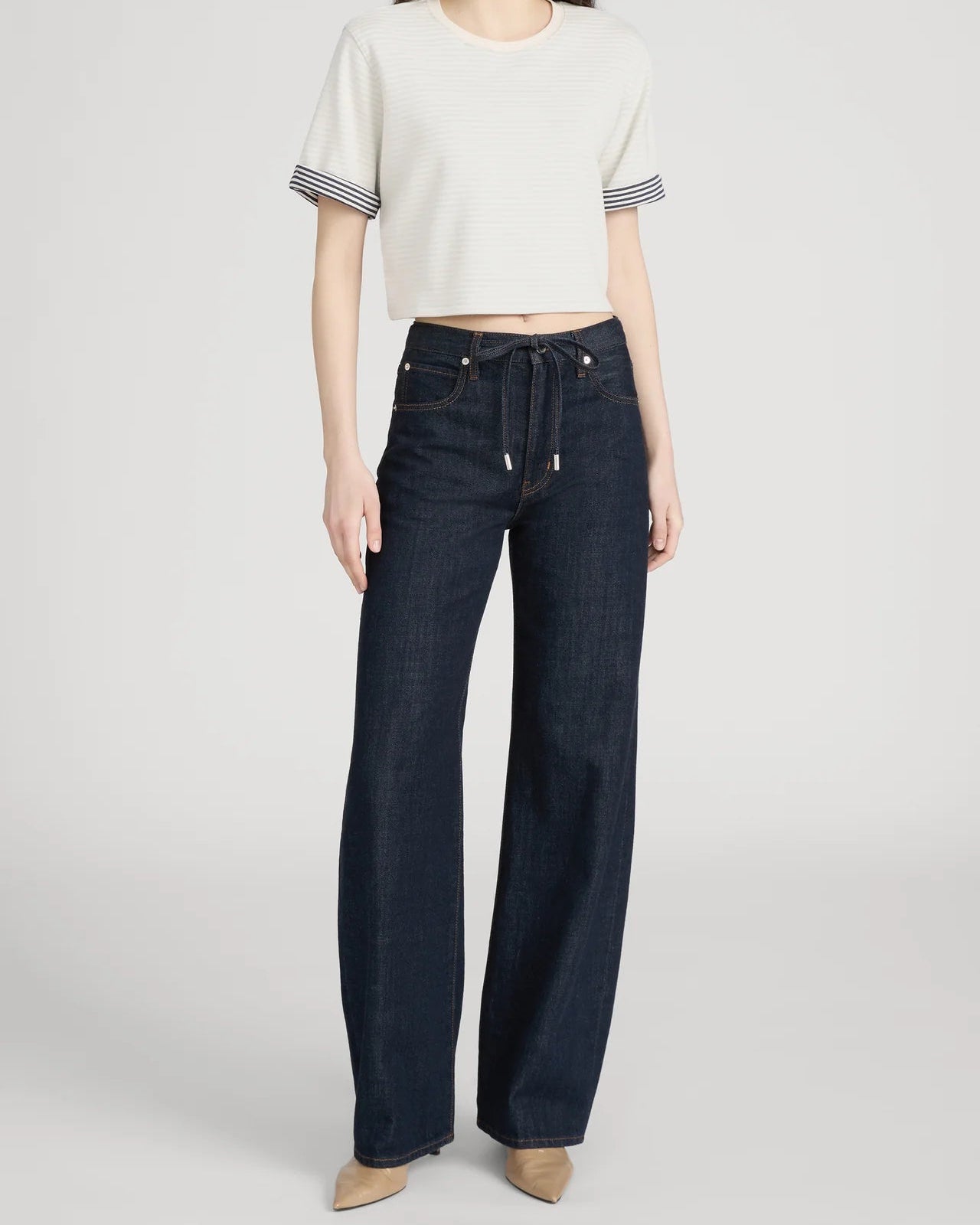 wide leg dark denim with a denim drawstring waist