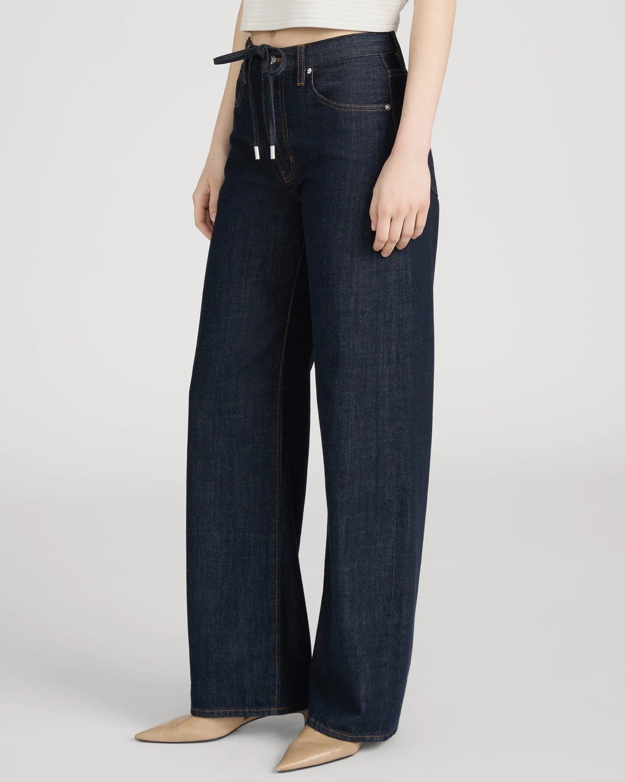 wide leg dark denim with a denim drawstring waist