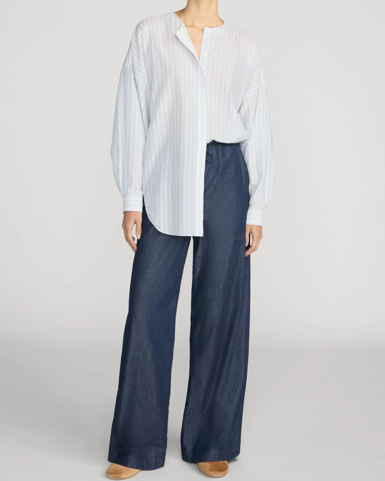 wide leg pull on denim pants with a drawstring