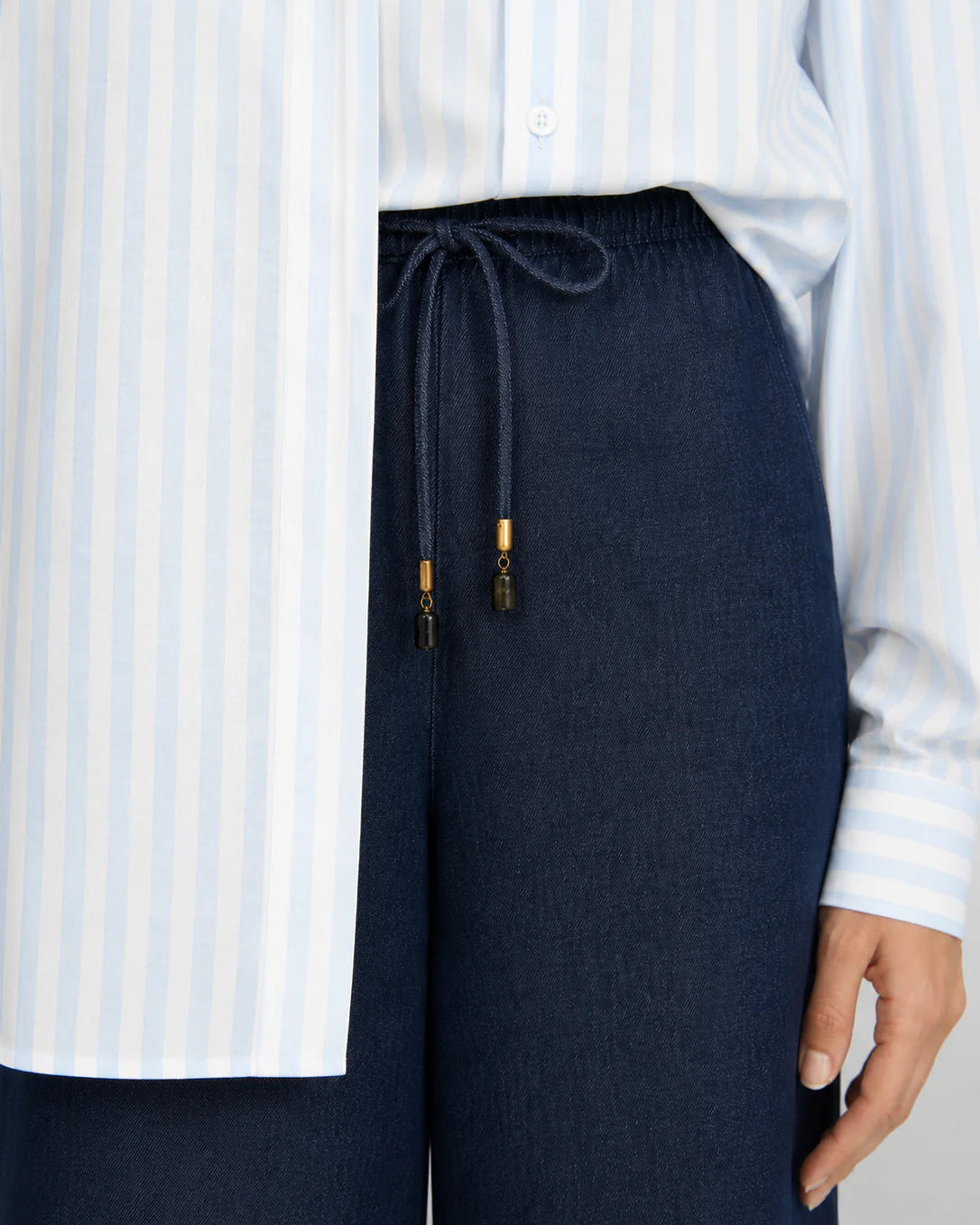 wide leg pull on denim pants with a drawstring