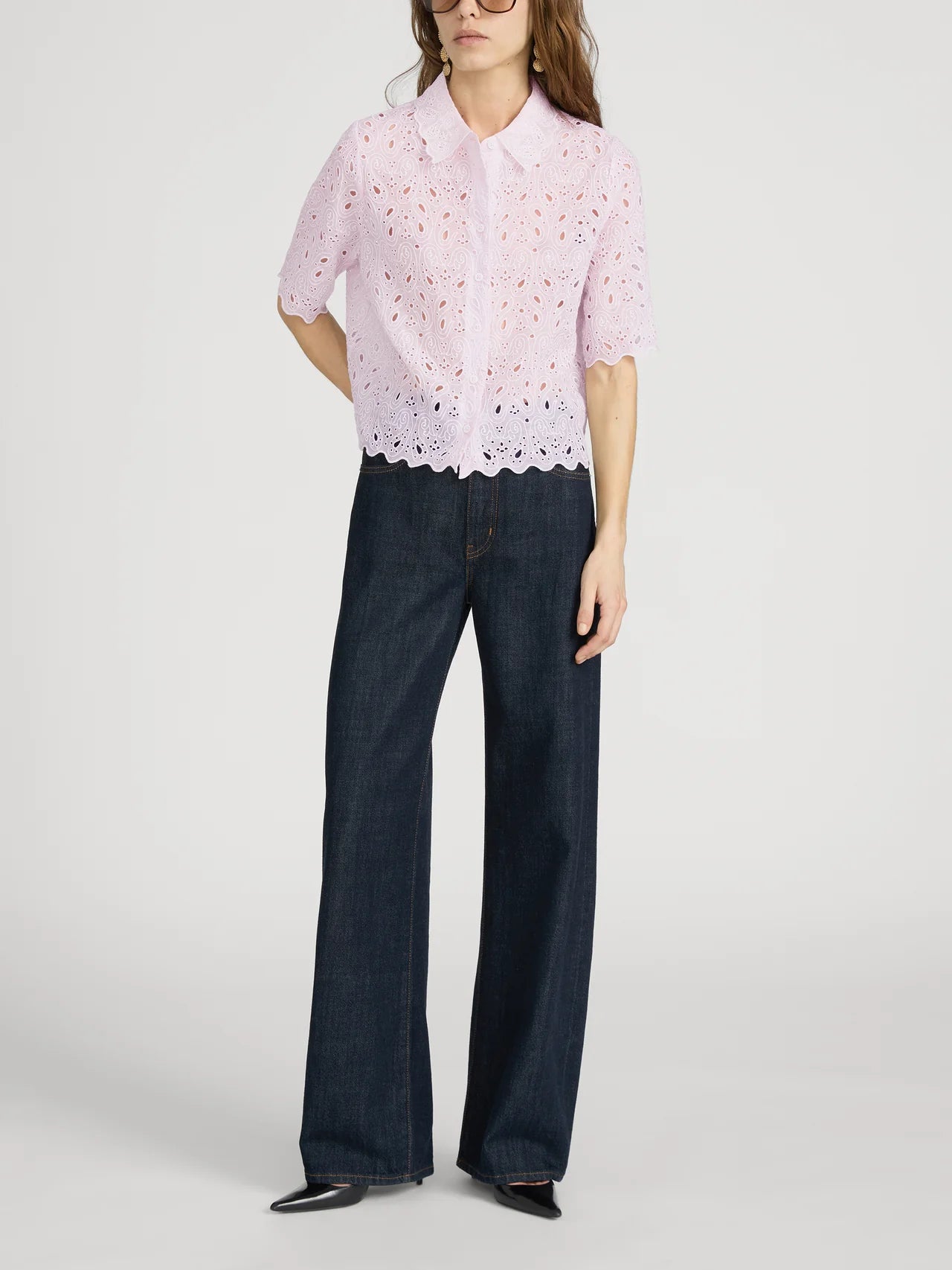 pink short sleeve eyelet blouse